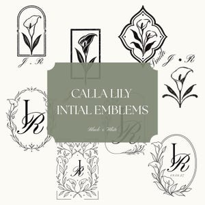 Könnte beinhalten: Eine Sammlung von schwarz-weißen Calla-Lilien-Initialen-Emblemen mit verschiedenen Blumenrahmen, botanischen Illustrationen und Monogramm-Designs, wobei der Text CALLA LILY INTIAL EMBLEMS, Black & White, J.R, Smith und 09.08.27 integriert ist.