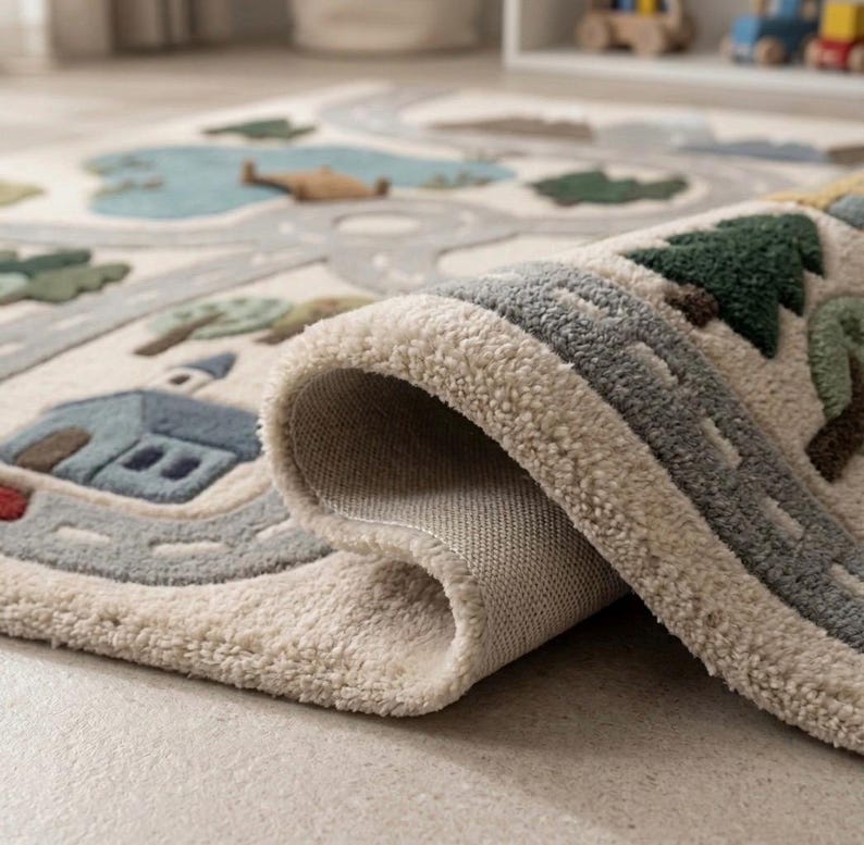 May include: A cream-colored area rug with a textured, tufted surface featuring a printed map design. The rug displays a winding gray road, blue houses, green trees, and a light blue lake. One corner of the rug is folded over, revealing the backing.