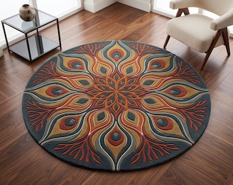 May include: A circular area rug featuring a symmetrical, radial pattern in shades of deep blue, burnt orange, mustard yellow, and cream. The design consists of repeating, elongated petal-like shapes and branching, coral-like motifs radiating from the center.