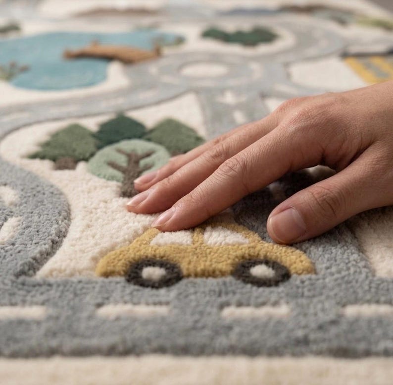 May include: A tufted area rug featuring a textured road map design with a light blue lake, dark green trees, and a yellow car. The rug has a cream-colored base with gray roads, white dashed lane markings, and raised, soft-touch fabric elements.