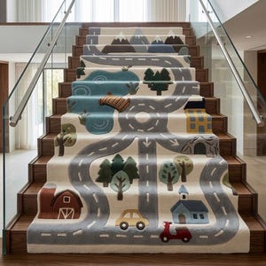 May include: A cream-colored stair runner carpet featuring a continuous gray road pattern with white dashed lines. The design includes a brown barn, a blue house, a yellow car, a red scooter, green trees, a blue lake with a bridge, and mountains.