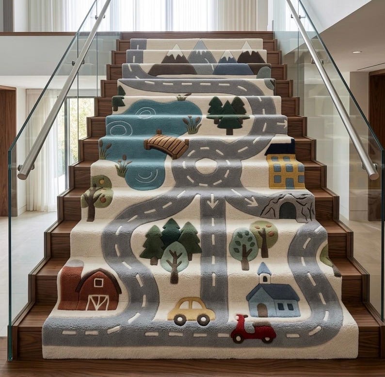 May include: A cream-colored stair runner carpet featuring a continuous gray road pattern with white dashed lines. The design includes a brown barn, a blue house, a yellow car, a red scooter, green trees, a blue lake with a bridge, and mountains.
