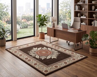 May include: A rectangular area rug featuring a dark brown center with a central circular medallion surrounded by stylized leaves in shades of cream and terracotta. The border displays a repeating pattern of circles and leaves in matching tones.