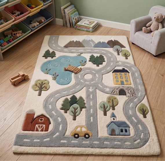 Kids Road Map Rug, Playroom Area Rug, Transportation Nursery Decor
