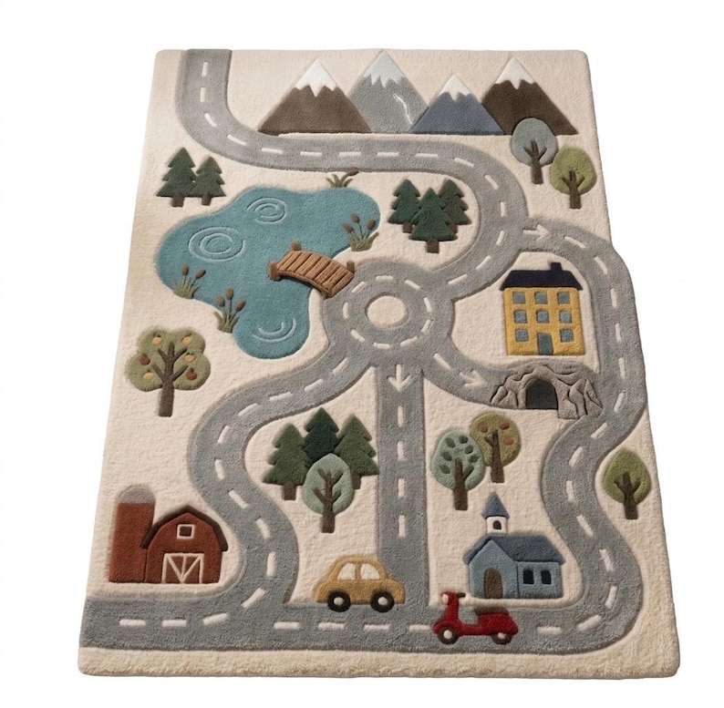 May include: A rectangular area rug with a cream background featuring a tufted landscape design. The scene includes a gray road network, a blue lake with a wooden bridge, brown mountains, green trees, a red barn, a yellow house, a blue building, a yellow car, and a red scooter.