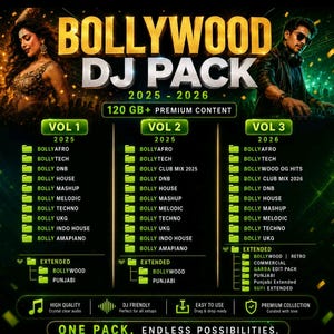 May include: A digital promotional graphic for a Bollywood DJ Pack 2025-2026 featuring 120 GB+ of content. The layout displays three volumes of music folders, including genres like BollyAfro, Tech, DNB, House, and Mashup, with text stating One Pack. Endless Possibilities.
