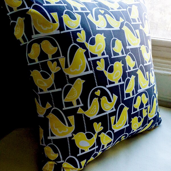 100% Cotton Citron and Gray Bird Swing Pillow Cover for Nursery or Children's Room