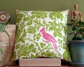 18 inch x 18 inch Designer Throw Pillow Cover - Chartreuse/Candy Pink Floral Birds 100% Cotton Canvas, with Pink Cotton/Poly Blend Backing