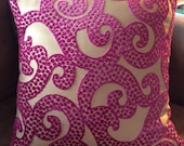 17 inch x 17 inch Designer Throw Pillow Cover - Fuschia/Beige Cotton/Poly Brocade, w/ Fuschia Poly Backing