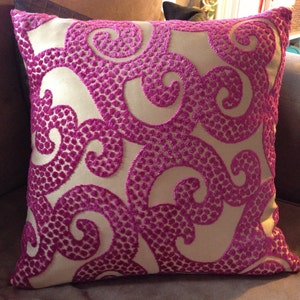 17 inch x 17 inch Designer Throw Pillow Cover Fuschia/Beige Cotton/Poly Brocade, w/ Fuschia Poly Backing image 1