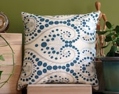17 inch x 17 inch Designer Throw Pillow Cover -  Silver Swirls and Marine Blue Circles with Silver Backing - Cotton/Poly Blend
