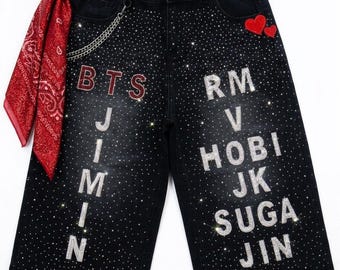 Shorts personalizados para concierto de BTS / Vaqueros con pedrería personalizada / Elige a tu bias / Atuendo para concierto de K-Pop / Regalo hecho a mano para fans