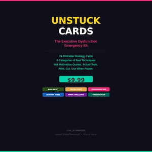 Könnte beinhalten: Eine digitale Produktanzeige mit dem Titel UNSTUCK CARDS The Executive Dysfunction Emergency Kit. Sie enthält 24 druckbare Strategiekarten und 6 Kategorien, darunter Body Reset, Micro-Start, Permission Slip, Sensory Reset, Timer Challenge, Thought Flip.