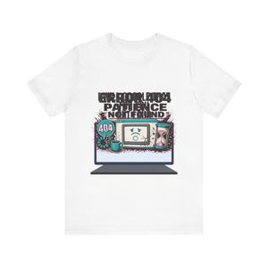 Peut inclure: Un t-shirt blanc avec un motif représentant un écran d'ordinateur affichant une icône de visage triste, un cercle de chargement, une tasse de café et un sablier. Le texte indique ERROR 404 PATIENCE NOT FOUND, avec une bulle 404 et des éclaboussures.