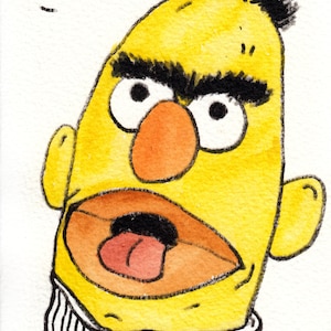 May include: A yellow cartoon character with a black bushy eyebrow, black hair, and a red nose. The character is sticking out its tongue and has a surprised expression. The character is wearing a striped shirt and a white turtleneck.