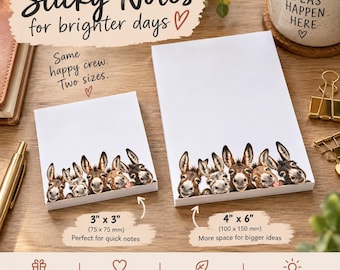 May include: Two white sticky note pads featuring a row of illustrated donkeys at the bottom. The smaller square pad measures 75 mm by 75 mm, and the larger rectangular pad measures 100 mm by 150 mm. Both pads have blank white space for writing.