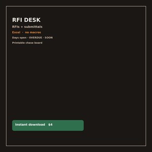 RFI-inlämningsspårare Excel | Byggentreprenörslogg (direkt nedladdning)