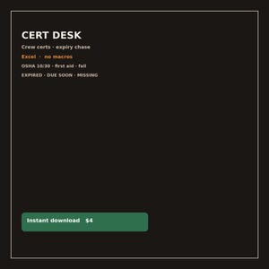Op de afbeelding: Een zwarte digitale afbeelding met witte tekst die CERT DESK, Crew certs, expiry chase, Excel, no macros, OSHA 10/30, first aid, fall, EXPIRED, DUE SOON, MISSING weergeeft. Een groene rechthoekige knop onderaan toont de tekst Instant download.