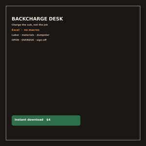 May include: A black digital graphic with white text reading BACKCHARGE DESK, Charge the sub, not the job, Excel, no macros, Labor, materials, dumpster, OPEN, OVERDUE, sign-off, and a green button labeled Instant download.
