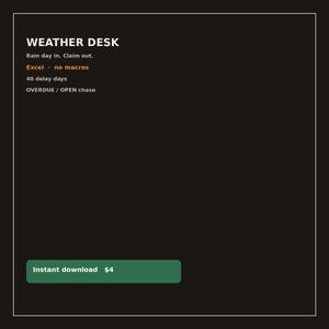 以下が含まれることがあります： 黒い背景と白い枠線を持つデジタルグラフィック。WEATHER DESK, Rain day in. Claim out. Excel · no macros, 40 delay days, OVERDUE / OPEN chase というテキストと、Instant download と書かれた緑色のボタンが表示されています。