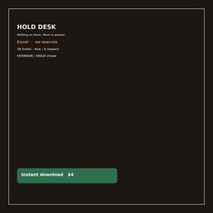 May include: A black digital graphic with white text reading HOLD DESK, Waiting on them. Work is parked., Excel · no macros, 28 holds · due / $ impact, OVERDUE / HOLD chase, and a green button with the text Instant download $4.
