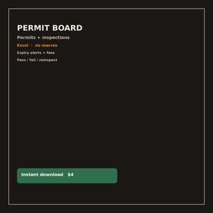 Könnte beinhalten: Eine digitale Genehmigungstafel-Vorlage mit dunklem Hintergrund und weißem Text: PERMIT BOARD, Permits + inspections, Excel - no macros, Expiry alerts + fees sowie Pass / fail / reinspect. Ein grüner Button unten zeigt Instant download.