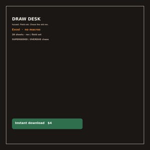 May include: A black digital graphic with white text reading DRAW DESK, Issued, Field set, Chase the old rev, 28 sheets, rev / field set, SUPERSEDED / OVERDUE chase, and orange text reading Excel, no macros, with a green button labeled Instant download.