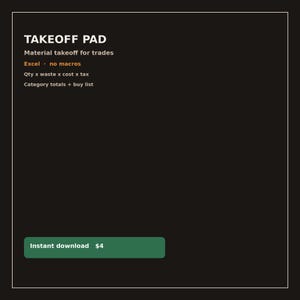 May include: A black digital document titled TAKEOFF PAD with white text reading Material takeoff for trades, Excel no macros, Qty x waste x cost x tax, and Category totals + buy list. A green button at the bottom displays Instant download.