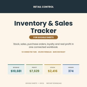 May include: A digital inventory and sales tracker for Google Sheets titled RETAIL CONTROL. It features 12 connected tabs, 45,000 formulas, and barcode readiness. Data displays include revenue of $10,681, profit of $7,629, stock of $2,416, and 374 orders.