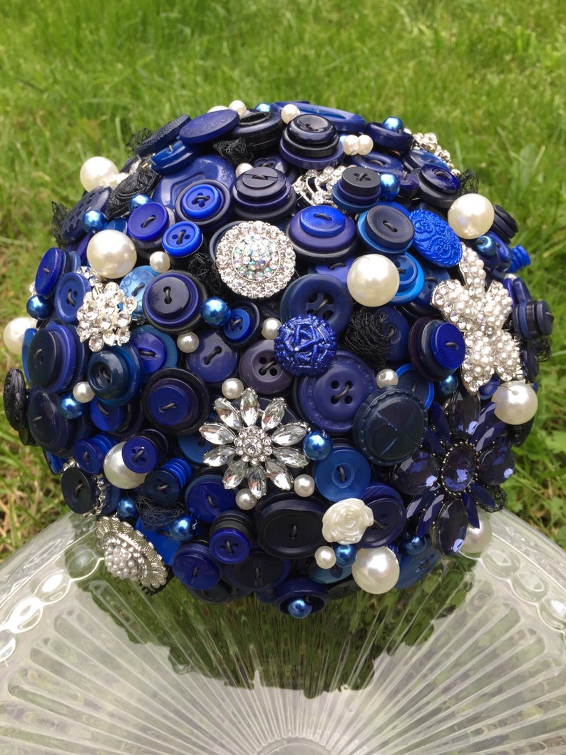 Navy blue button and brooch large bridal bouquet with vintage charms Medium size
