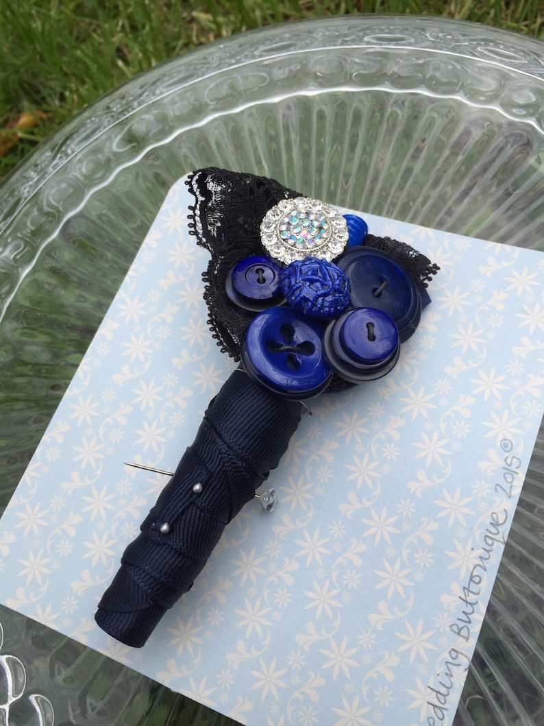 Navy blue button and brooch large bridal bouquet with vintage charms Medium size