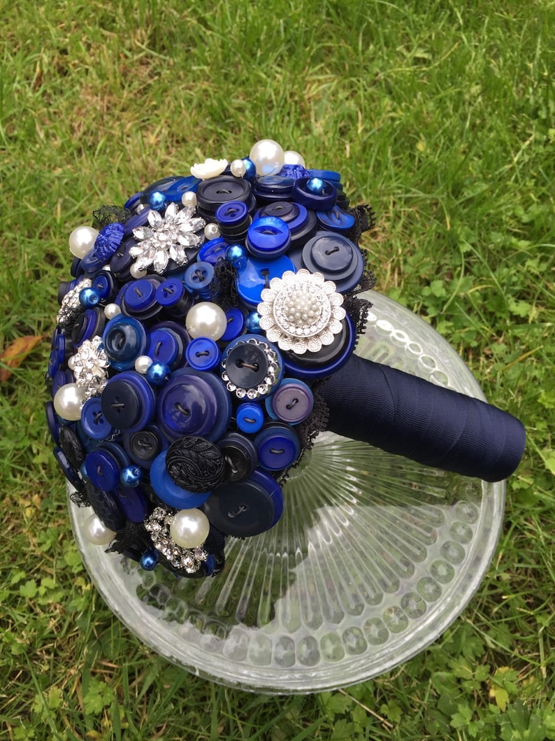 Navy blue button and brooch large bridal bouquet with vintage charms Medium size