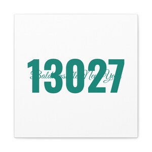 May include: A square white sign featuring the large teal number 13027 centred in a bold sans-serif font. Behind the number, the text Baldwinsville New York is written in a smaller, teal, cursive script font across the middle of the sign.