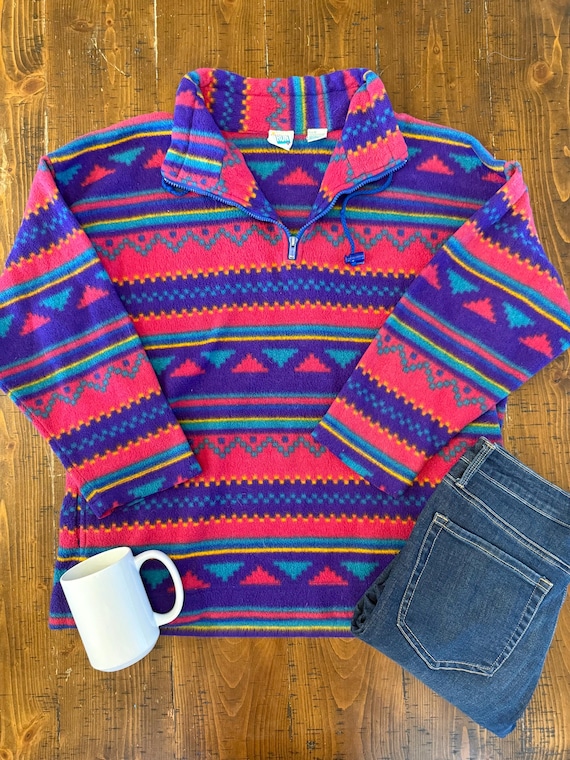 Vintage 90s First Run Fleece Pullover | Aztec Southwestern Print Quarter Zip | Pink Purple Teal Colorblock Fleece | Drawstring Collar |