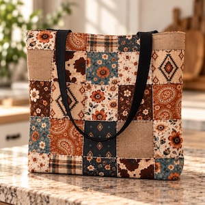 May include: A rectangular tote bag featuring a patchwork design of various fabric squares in shades of brown, cream, and blue. The patterns include floral motifs, paisley prints, geometric diamonds, and plaid. It has two black fabric shoulder straps.