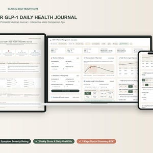 Op de afbeelding: Een digitaal gezondheidsdagboek weergegeven op een tablet, laptop en smartphone. De interface bevat de tekst Master GLP-1 Daily Health Journal, patiëntbeheergegevens, symptoombeoordelingen en een samenvattend rapport van één pagina voor de arts.