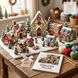 Puede incluir: Un conjunto de pueblo navideño de ganchillo con varias casas pequeñas, una panadería, una juguetería y figuras en miniatura sobre una base de fieltro blanco. Incluye un libro de patrones, ovillos de lana y dos ganchillos sobre una mesa.