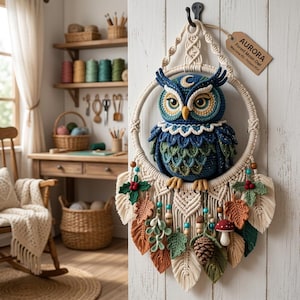 May include: A macrame wall hanging featuring a blue and green crocheted owl centered in a circular frame. The piece includes hanging macrame cords, wooden beads, turquoise accents, and fabric leaves, berries, and a mushroom. A tag reads AURORA Forest Moon Owl.