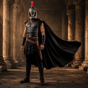 May include: A warrior costume featuring a metallic silver helmet with a red crest, a dark gray chest plate, black arm guards, a pleated black skirt, and a long flowing black cape. The ensemble includes a brown leather belt and black boots.