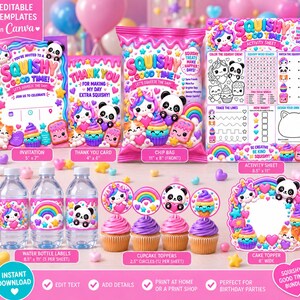 Può includere: Un set di forniture digitali per feste con grafiche colorate di unicorni, panda e cupcake. Include modelli per inviti, biglietti di ringraziamento, sacchetti di patatine, schede di attività, etichette per bottiglie, decorazioni per cupcake e torte.