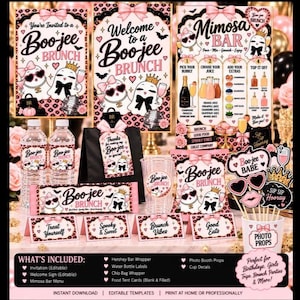 May include: A Boo-jee Brunch party set featuring ghost illustrations with pink bows and sunglasses. Includes signs, water bottle labels, chip bag wrappers, cup decals, food tent cards, and photo props with text like Boo-jee Brunch and Mimosa Bar.