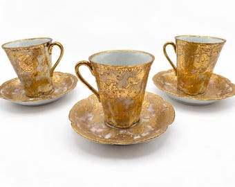 Conjunto de 3 xícaras e pires de chocolate Nippon Maple Leaf antigos, porcelana Moriage rosa com brilho dourado, serviço de chá floral japonês
