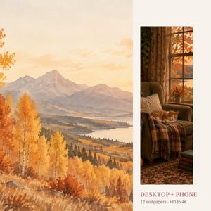Könnte beinhalten: Eine digitale Sammlung von 12 Hintergrundbildern für Desktop und Smartphone mit herbstlichen Landschaften. Die Bilder zeigen aquarellartige Bergpanoramen mit goldenen Bäumen und eine gemütliche Innenszene mit einer Katze auf einem Sessel.