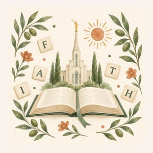 May include: An open book sits below a temple with a golden spire, surrounded by olive branches, orange flowers, and a sun. Square tiles with the letters F, A, I, T, H are arranged around the central scene, which is rendered in a watercolour style.