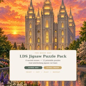 Può includere: Un elenco di prodotti digitali per un pacchetto di puzzle LDS con un grande tempio in pietra al tramonto. Il testo recita: THE QUIET DAY, LDS Jigsaw Puzzle Pack, 6 sacred scenes, 12 printable puzzles, real interlocking jigsaw cut lines.