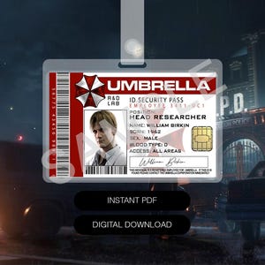 Puede incluir: Una tarjeta de identificación rectangular con el logotipo rojo y blanco de Umbrella Corporation, una foto de William Birkin y el cargo de Head Researcher. La tarjeta incluye un código de barras, un chip dorado y una firma.