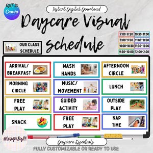 May include: A digital daycare visual schedule template featuring a white board with colorful rectangular activity cards. Text includes Daycare Visual schedule, Our Class Schedule, and various daily tasks like Arrival/Breakfast, Wash Hands, and Nap Time with corresponding photos. Bottom text reads Daycare Essentials.