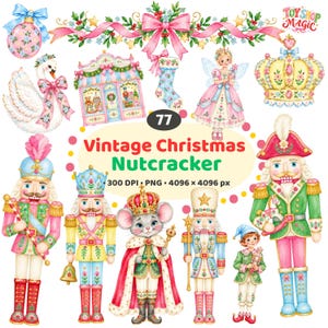 Preppy Vintage Nötknäppare Clipart Bundle, Akvarell Jul PNG, Rosa Julgrafik, 77 Designs