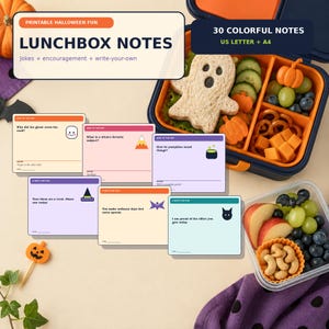 May include: A set of printable Halloween lunchbox notes featuring jokes and encouraging messages with icons like ghosts, pumpkins, and bats. The cards are displayed alongside a bento box containing a ghost-shaped sandwich and fruit.