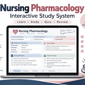May include: A digital Nursing Pharmacology Interactive Study System displayed on a laptop screen. The interface features sections for body systems, drug classes, medication information, core concepts, nursing priorities, and patient teaching.